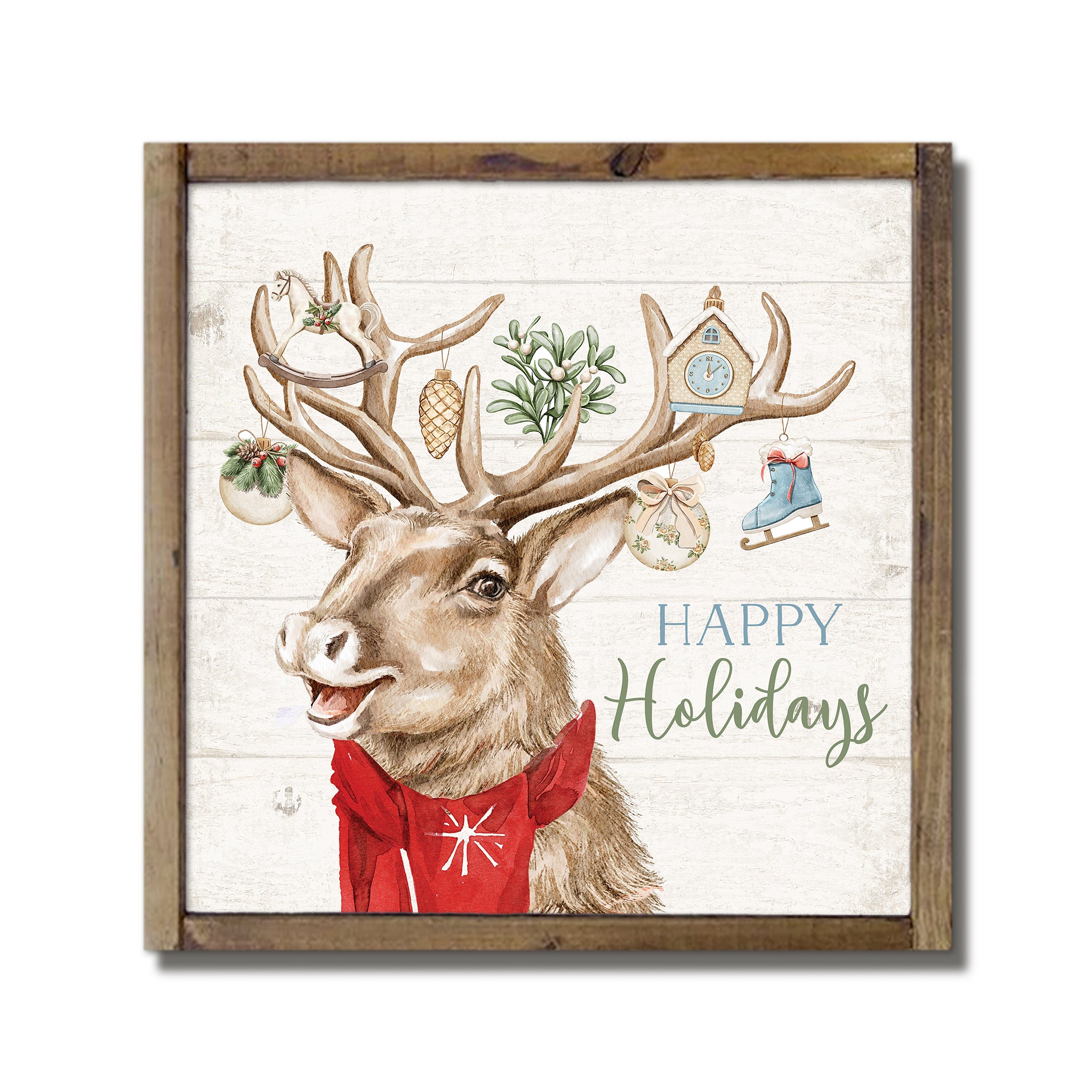 Holiday Deer Antlers Framed Wood Plaque