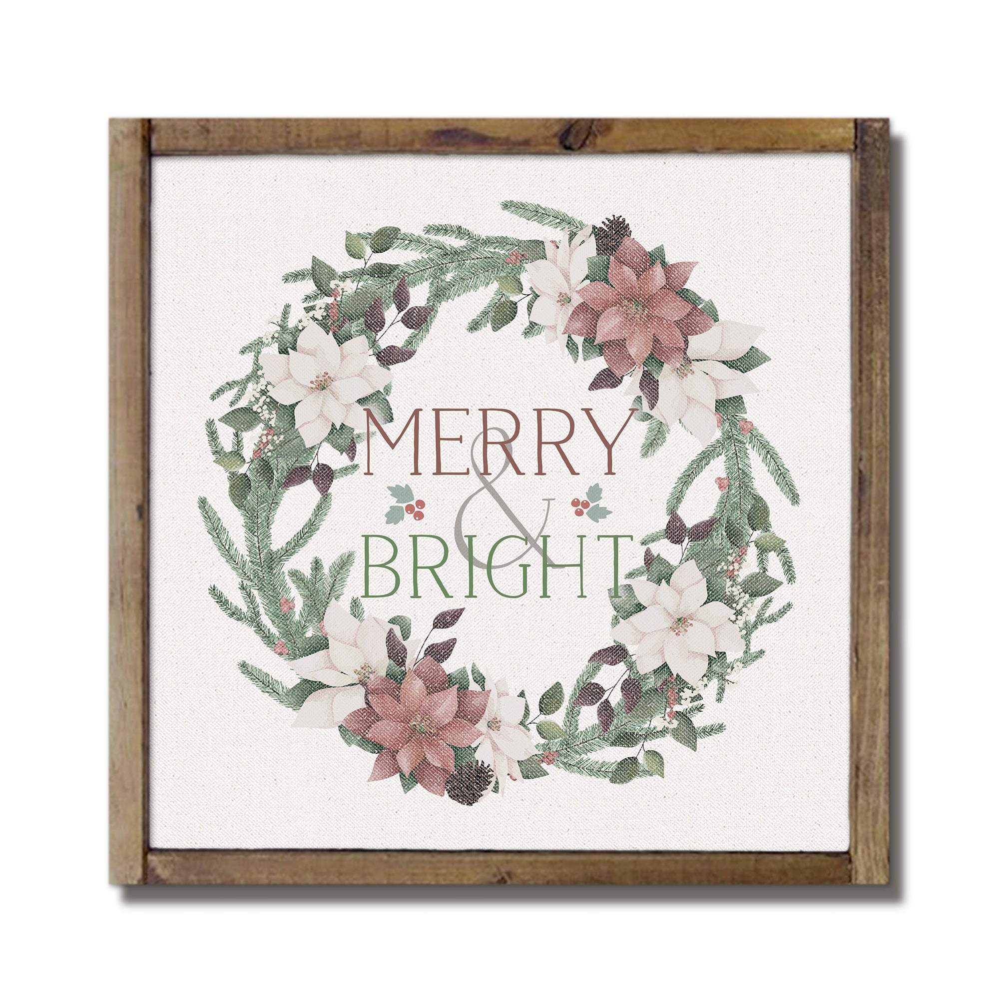 Merry & Bright Wreath Framed Wood Plaque