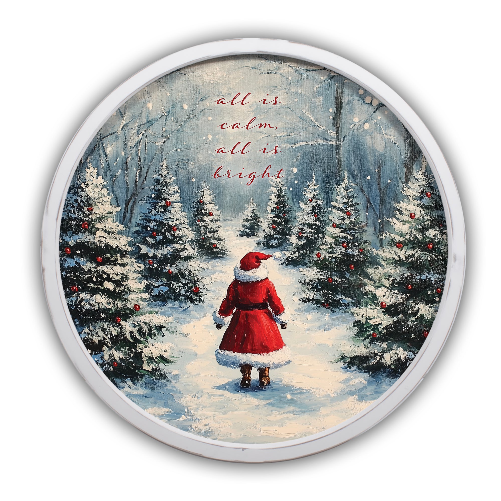 Santa Snowy Forest Round White Framed Print