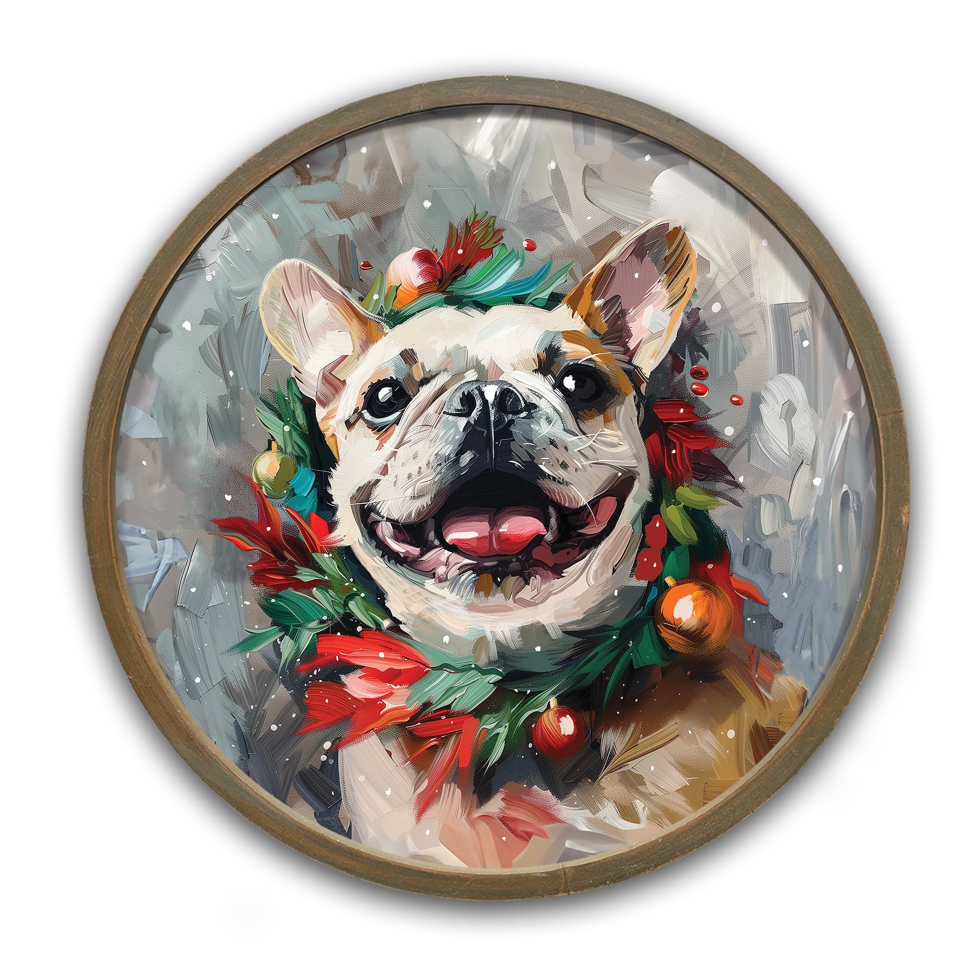 Painterly Holiday Frenchie Round Brown Framed Print