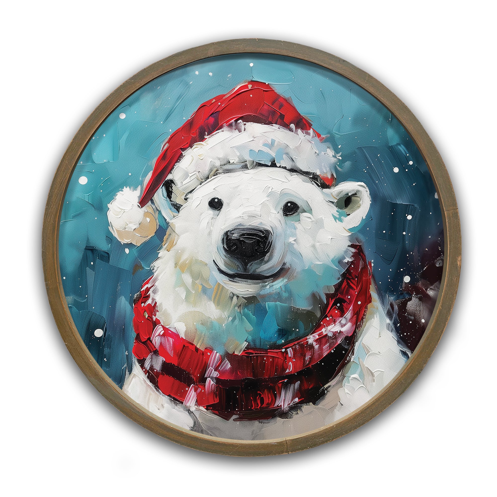 Painterly Christmas Polar Bear Round Brown Framed Print