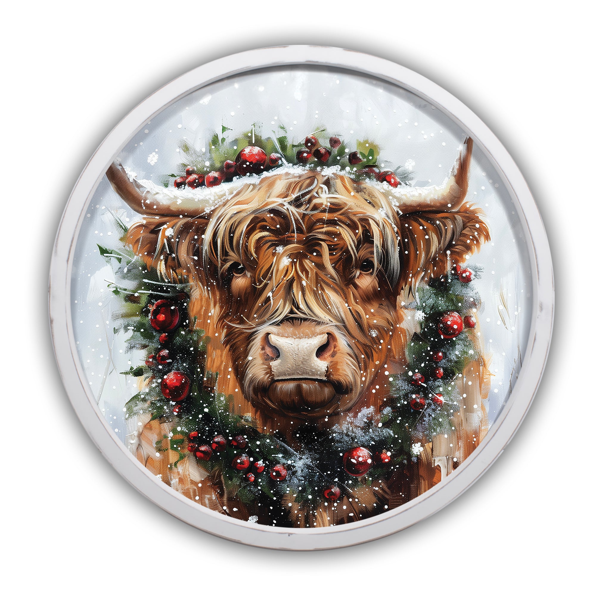 Painterly Christmas Highland Round White Framed Print