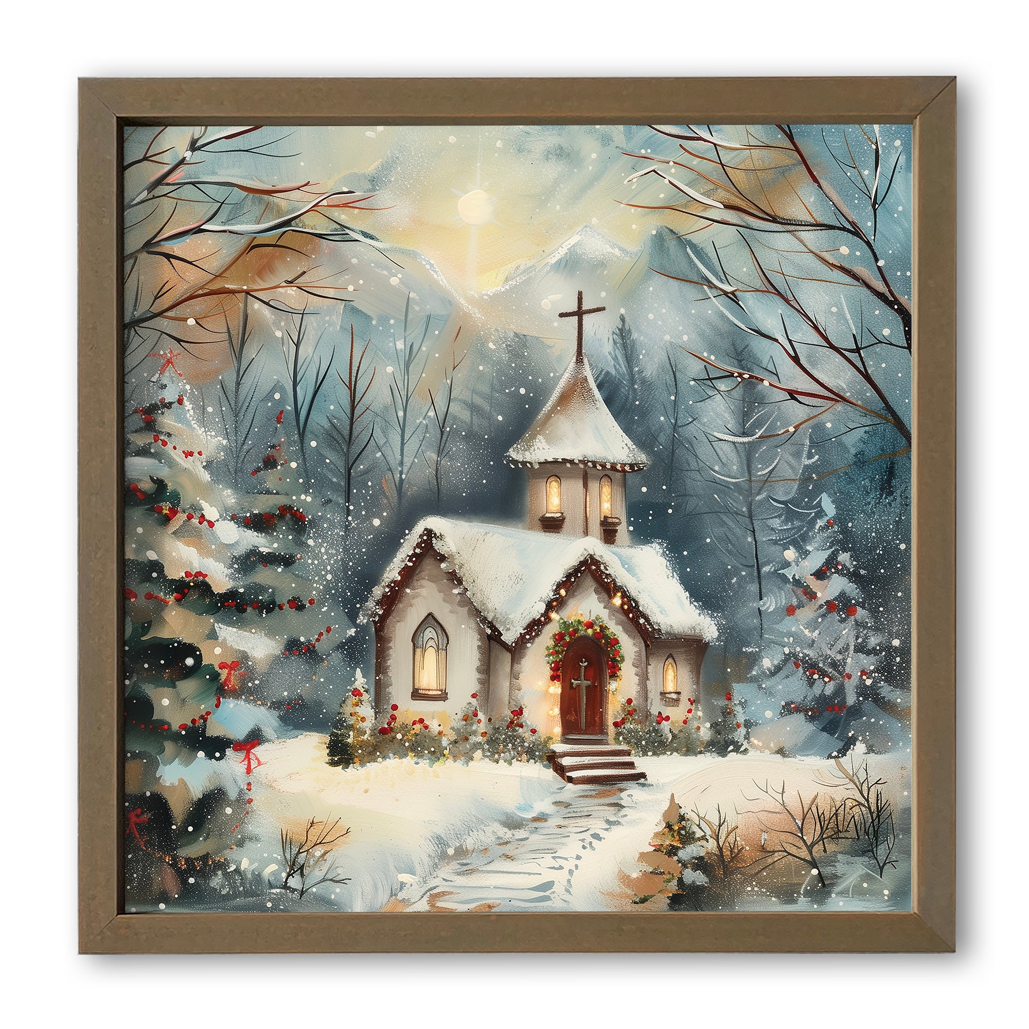 Snowy Holiday Church Brown Framed Print