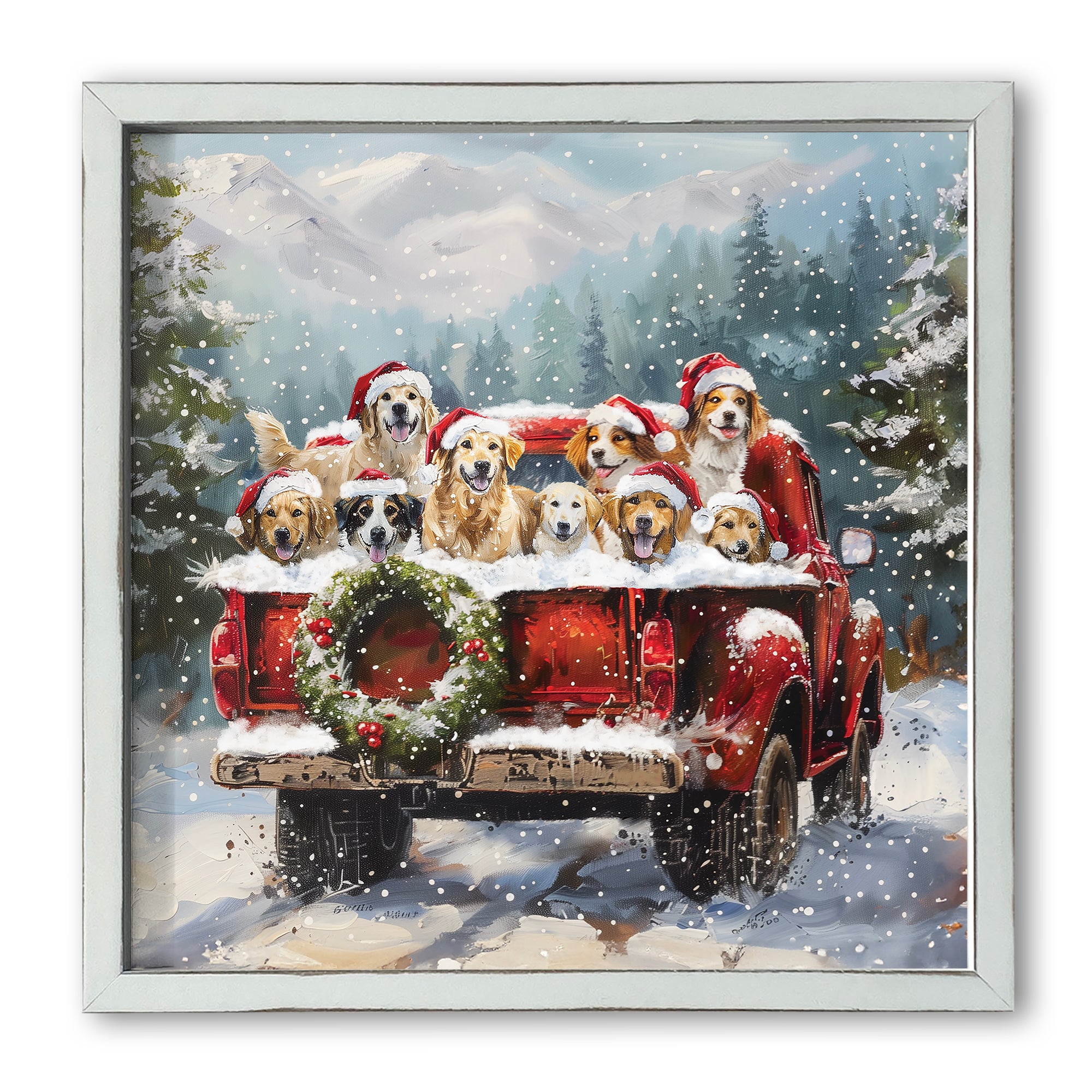 Christmas Puppy Truck White Framed Print