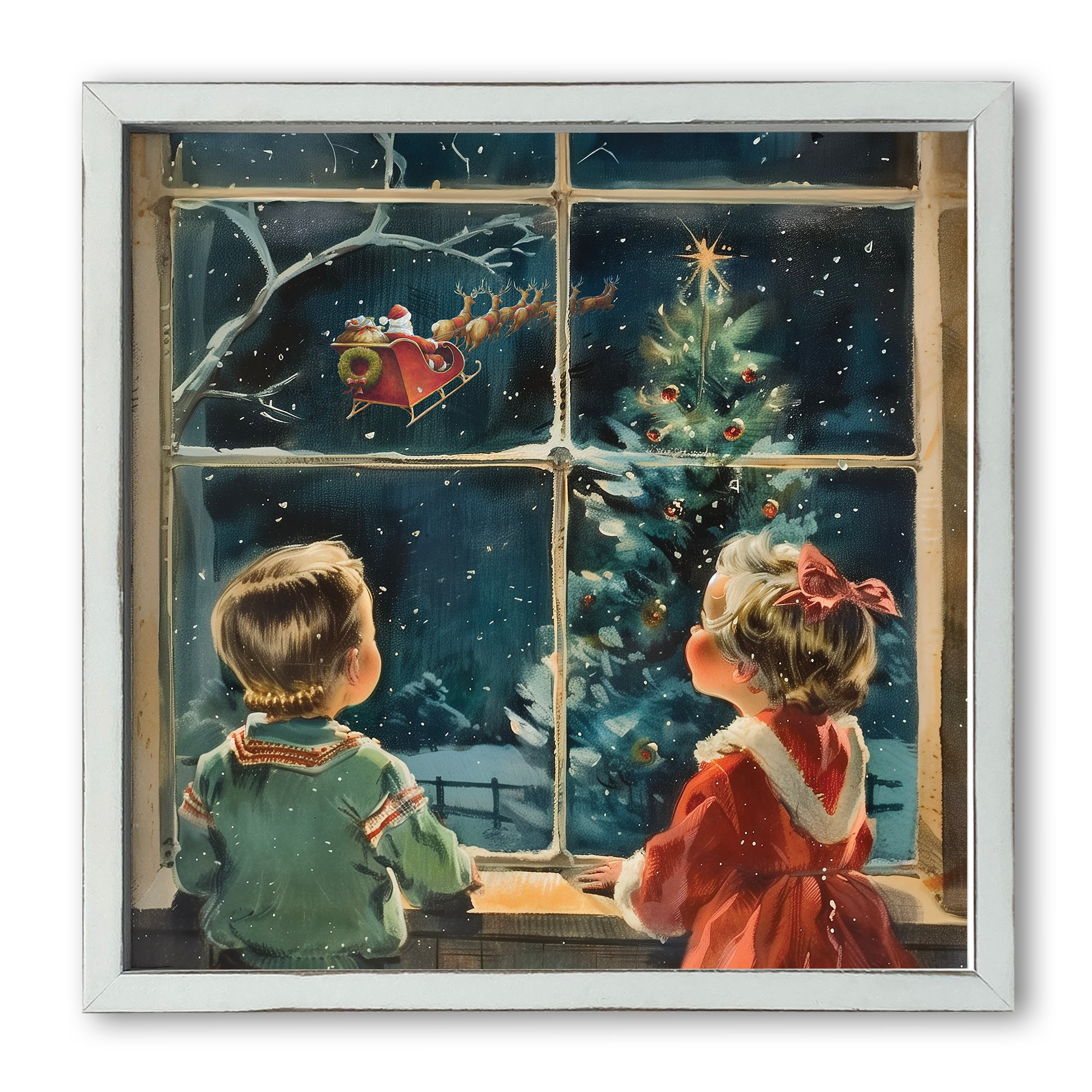 Vintage Christmas Window Scene White Framed Print