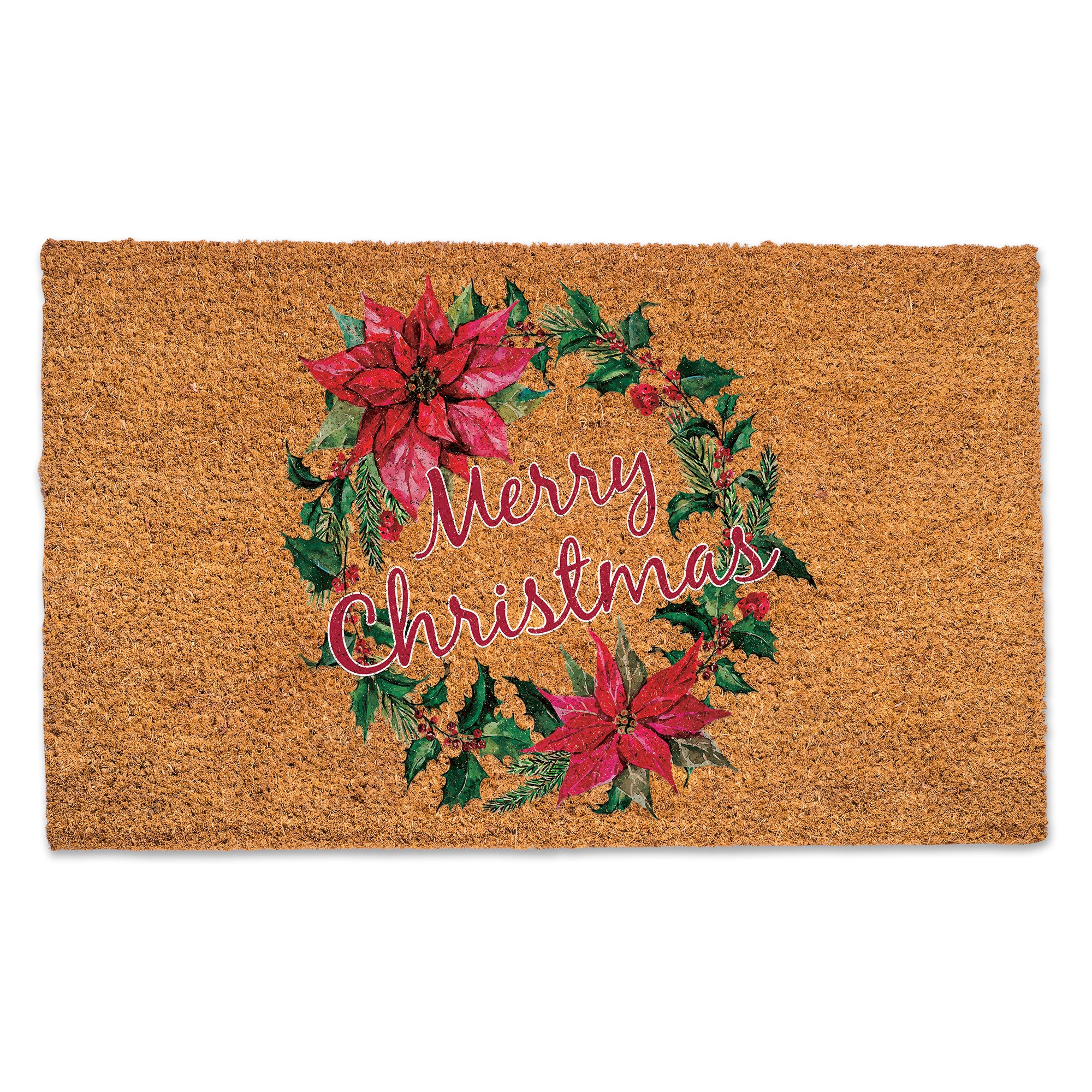 Merry Christmas Poinsettia Wreath Door Mat