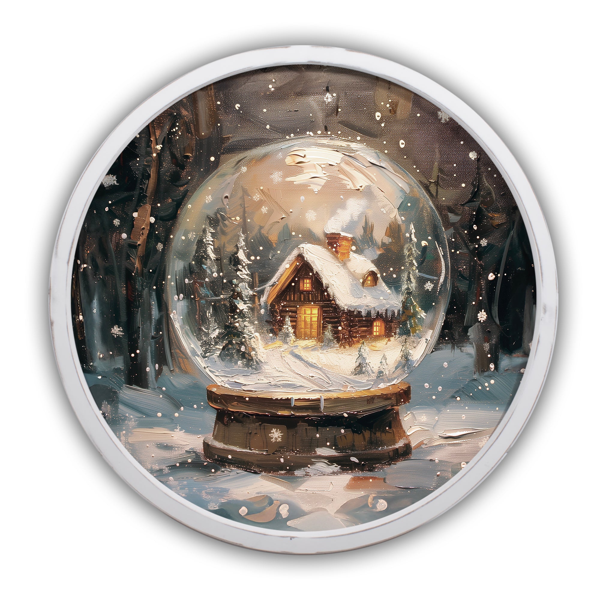 Forest Snowglobe Cabin Round White Framed Print